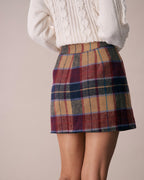 Red Plaid Tweed Mini Skirt with Zipper Fly