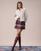 Red Plaid Tweed Mini Skirt with Zipper Fly