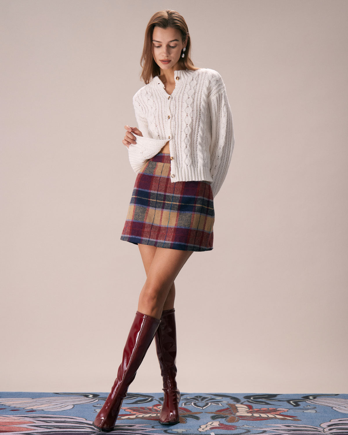 Red Plaid Tweed Mini Skirt with Zipper Fly
