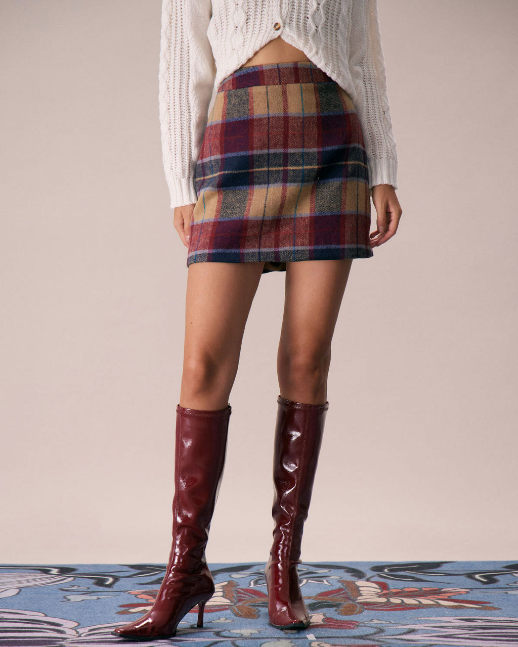 Red Plaid Tweed Mini Skirt with Zipper Fly