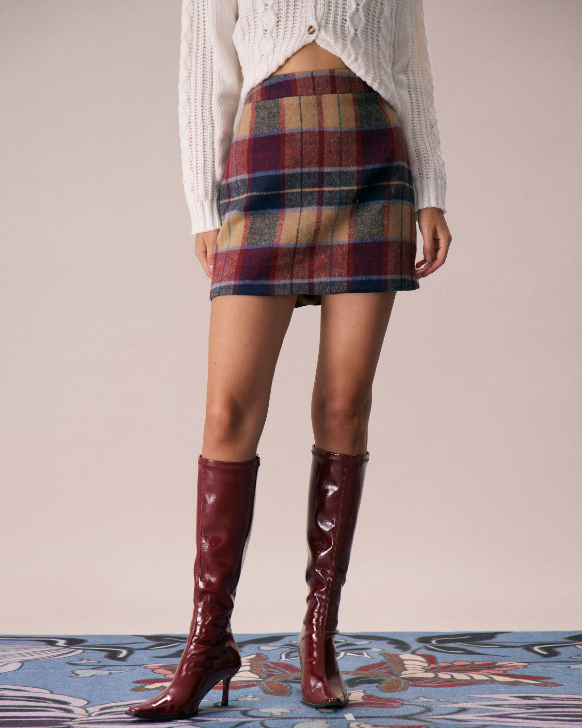 Red Plaid Tweed Mini Skirt with Zipper Fly