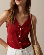 Red Polka Dot Print Sleeveless V-Neck Top