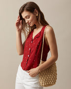 Red Polka Dot Print Sleeveless V-Neck Top