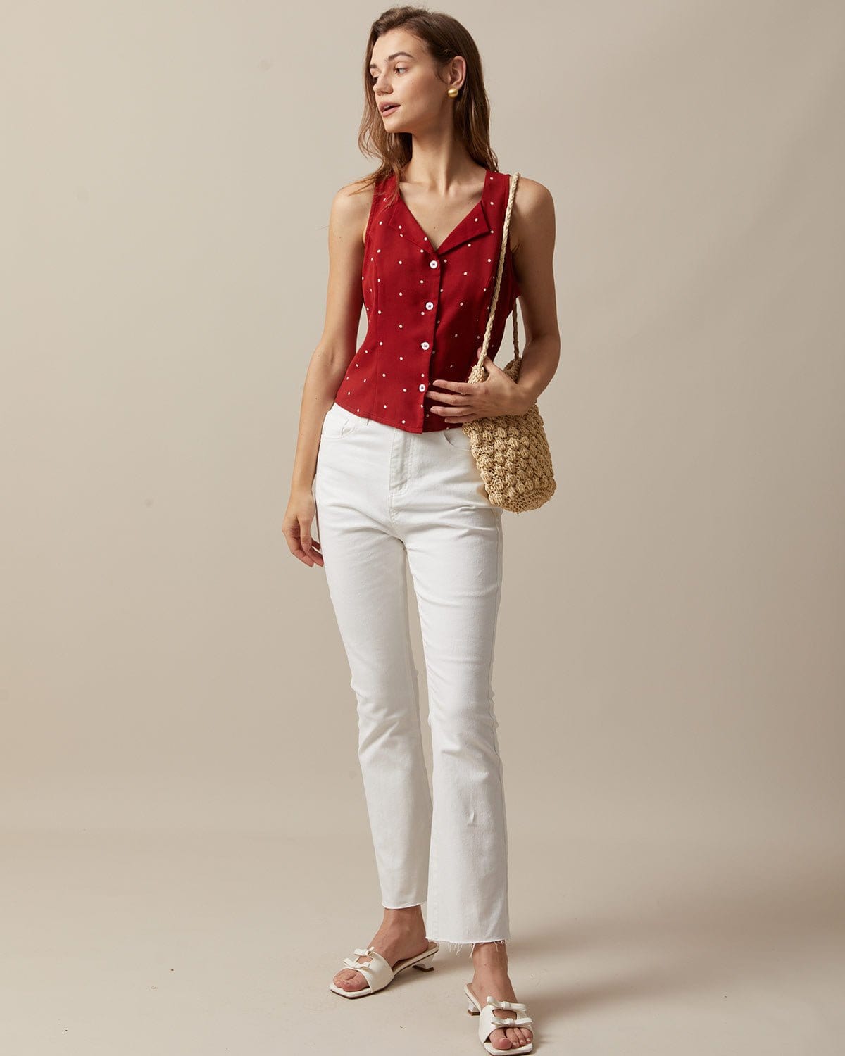 Red Polka Dot Print Sleeveless V-Neck Top