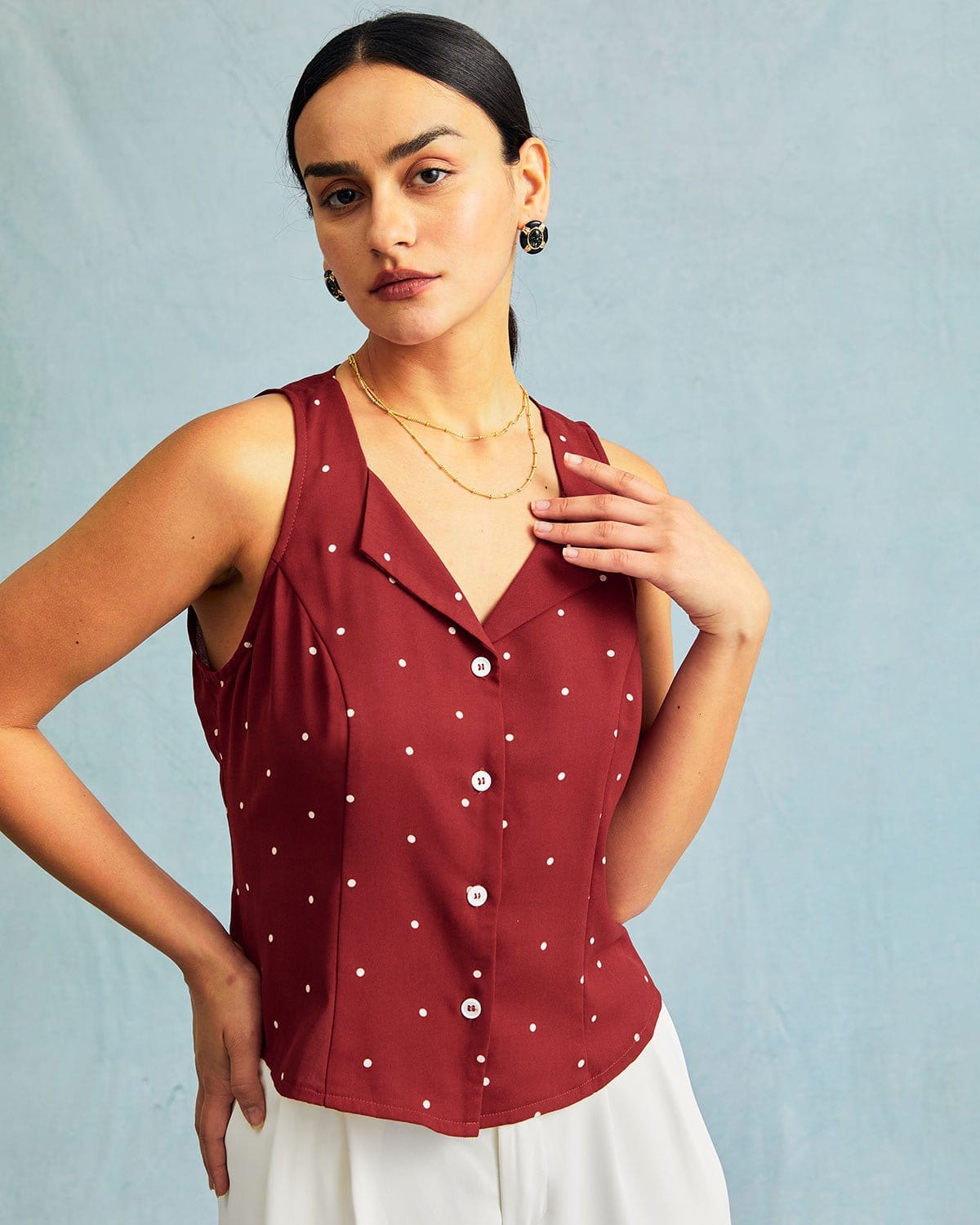 Red Polka Dot Print Sleeveless V-Neck Top