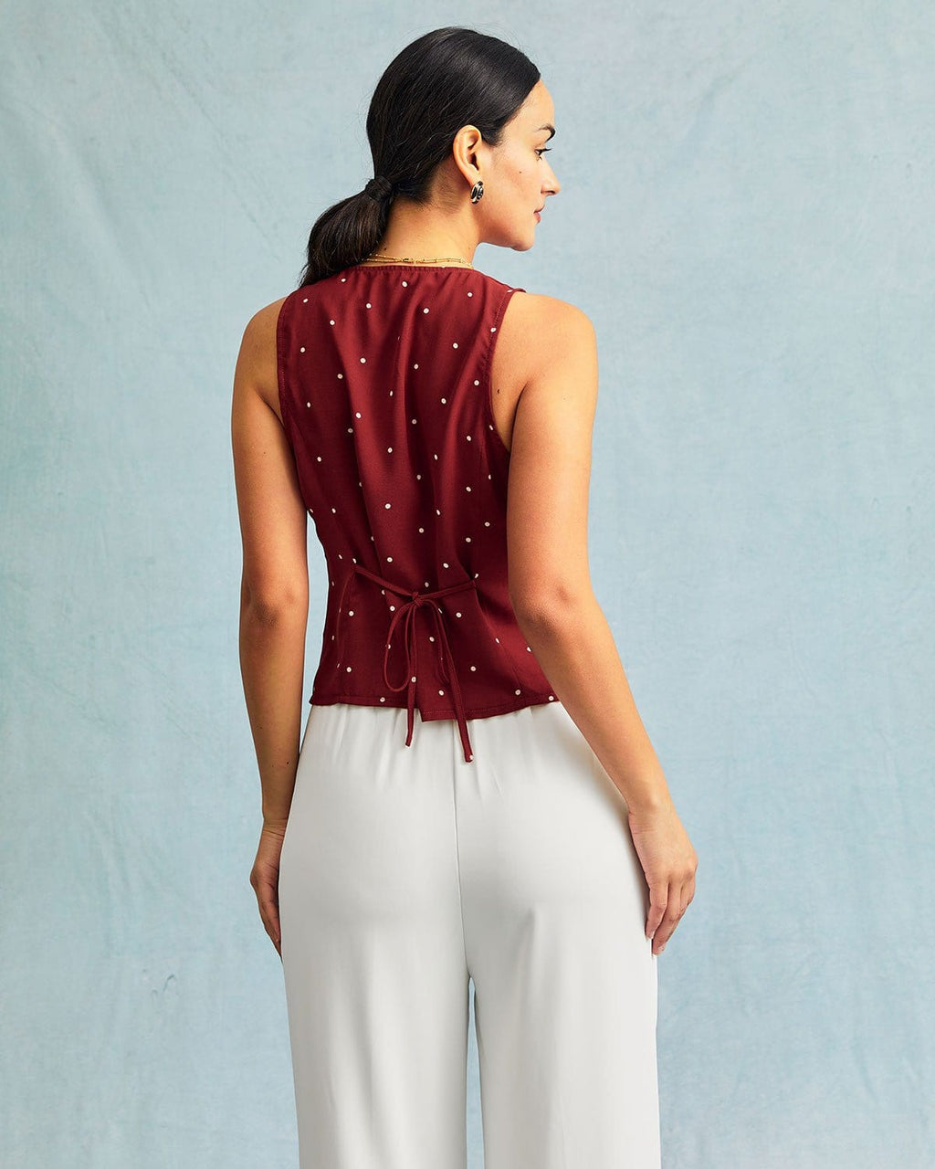 Red Polka Dot Print Sleeveless V-Neck Top
