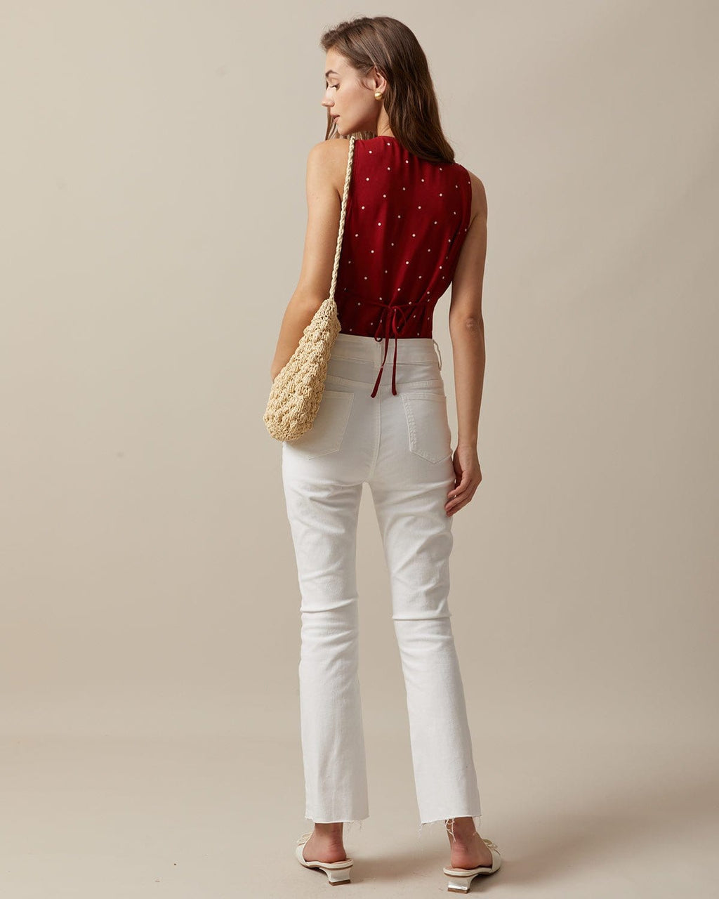 Red Polka Dot Print Sleeveless V-Neck Top