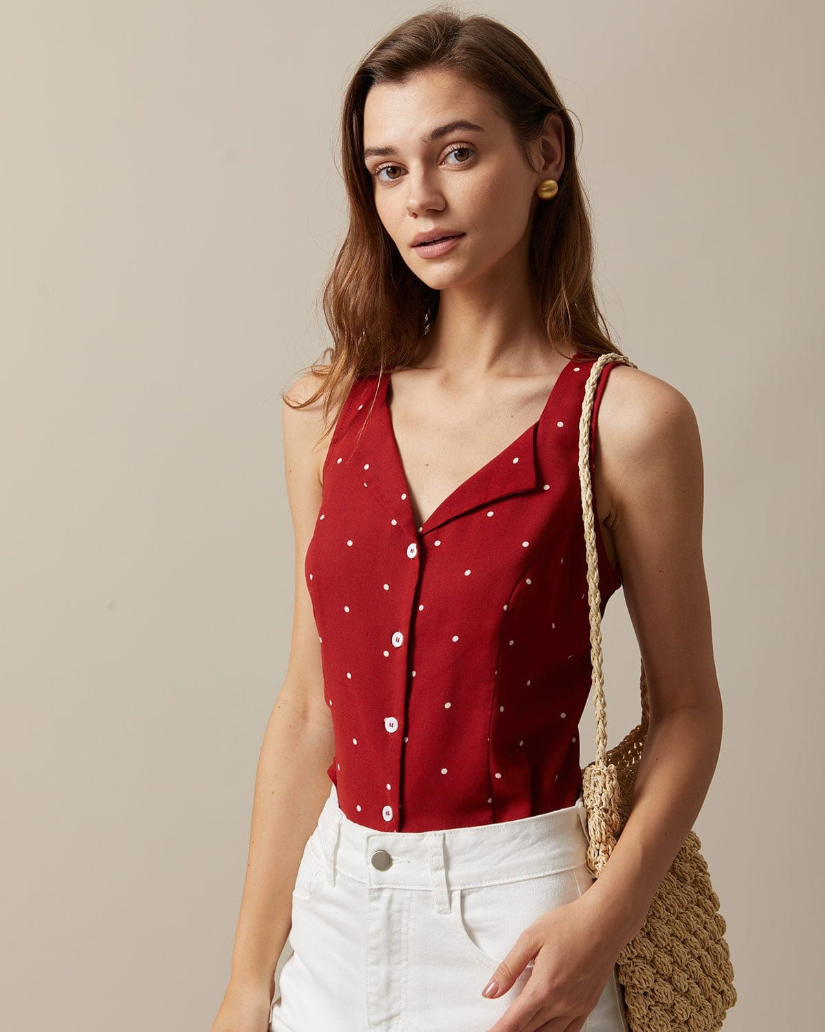 Red Polka Dot Print Sleeveless V-Neck Top