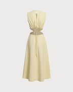 Yellow Midi Dress with Round Neck and Cut-Out Details
