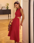 Red Cut-Out Midi Dress with Round Neck