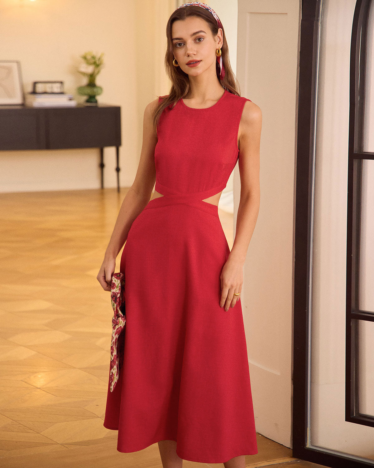 Red Cut-Out Midi Dress with Round Neck