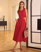 Red Cut-Out Midi Dress with Round Neck