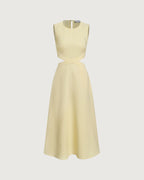 Yellow Midi Dress with Round Neck and Cut-Out Details