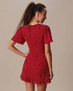 Red Polka Dot Flounce Mini Dress with V-Neck