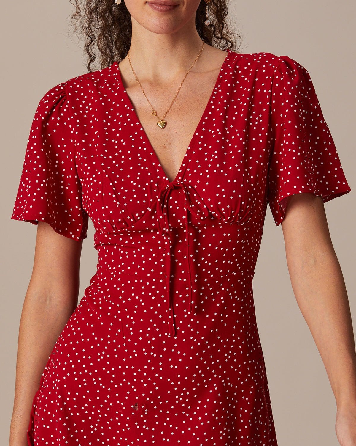 Red Polka Dot Flounce Mini Dress with V-Neck