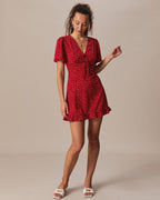 Red Polka Dot Flounce Mini Dress with V-Neck