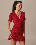 Red Polka Dot Flounce Mini Dress with V-Neck