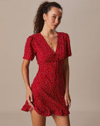 Red Polka Dot Flounce Mini Dress with V-Neck