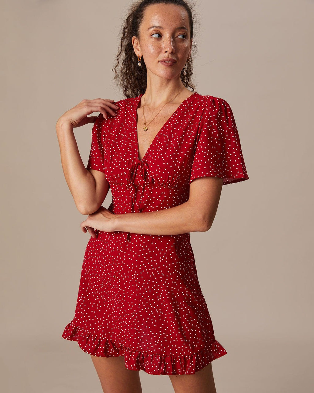 Red Polka Dot Flounce Mini Dress with V-Neck