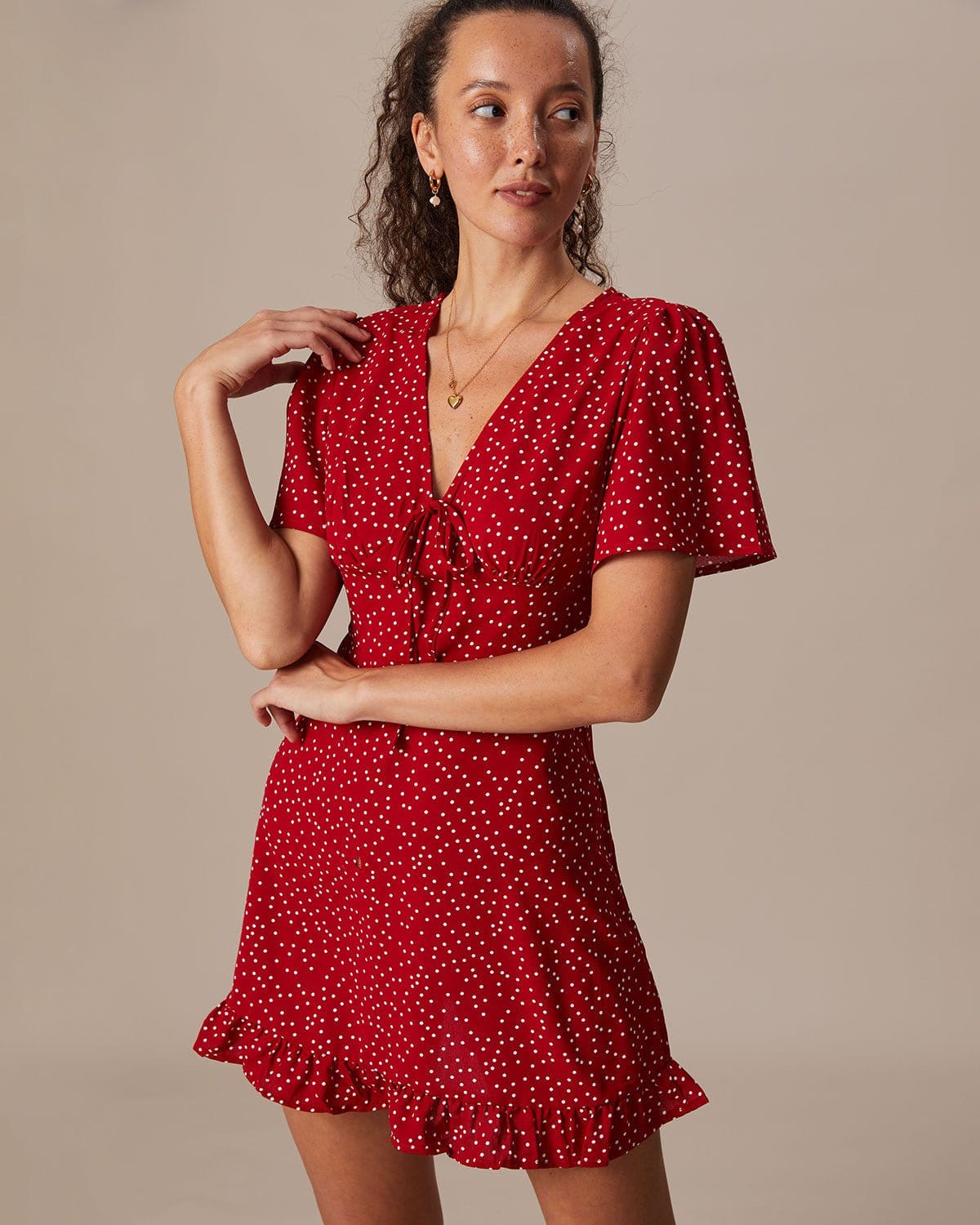 Red Polka Dot Flounce Mini Dress with V-Neck