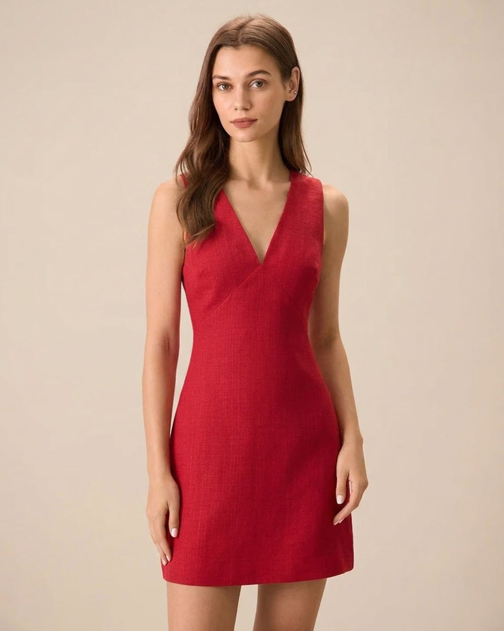 Red Sleeveless Linen Mini Dress with V-Neck