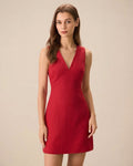 Red Sleeveless Linen Mini Dress with V-Neck