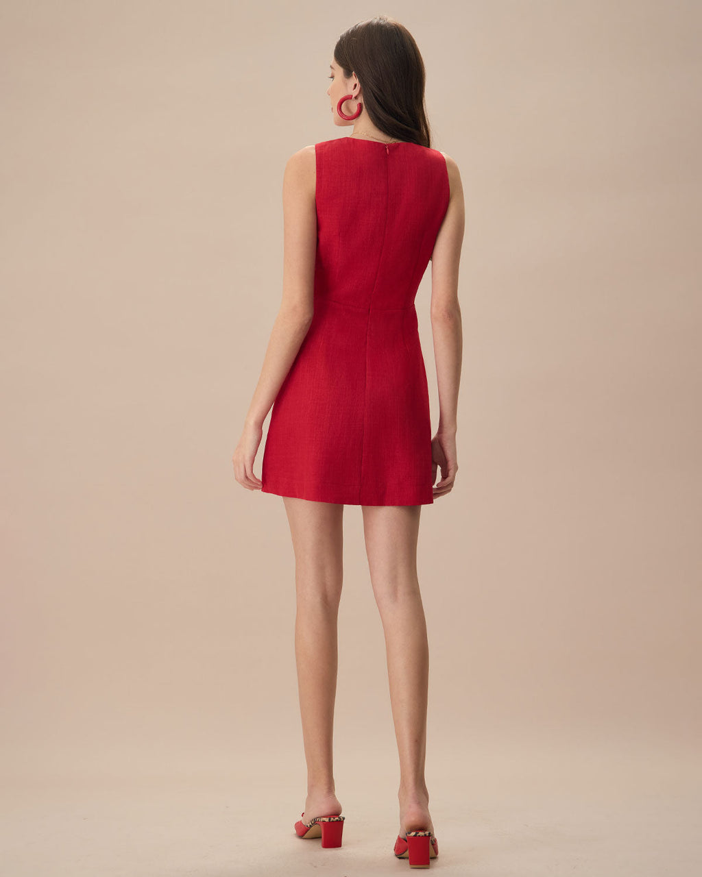 Red Sleeveless Linen Mini Dress with V-Neck
