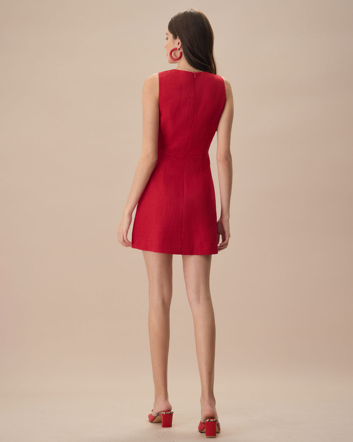 Red Sleeveless Linen Mini Dress with V-Neck