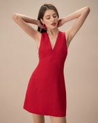 Red Sleeveless Linen Mini Dress with V-Neck