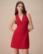 Red Sleeveless Linen Mini Dress with V-Neck