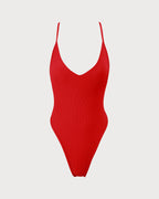 Crimson Ribbed Cross-Back One-Piece Swimsuit