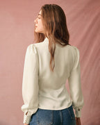 Elegant Satin Blouse with Solid Collar and Puff Sleeves