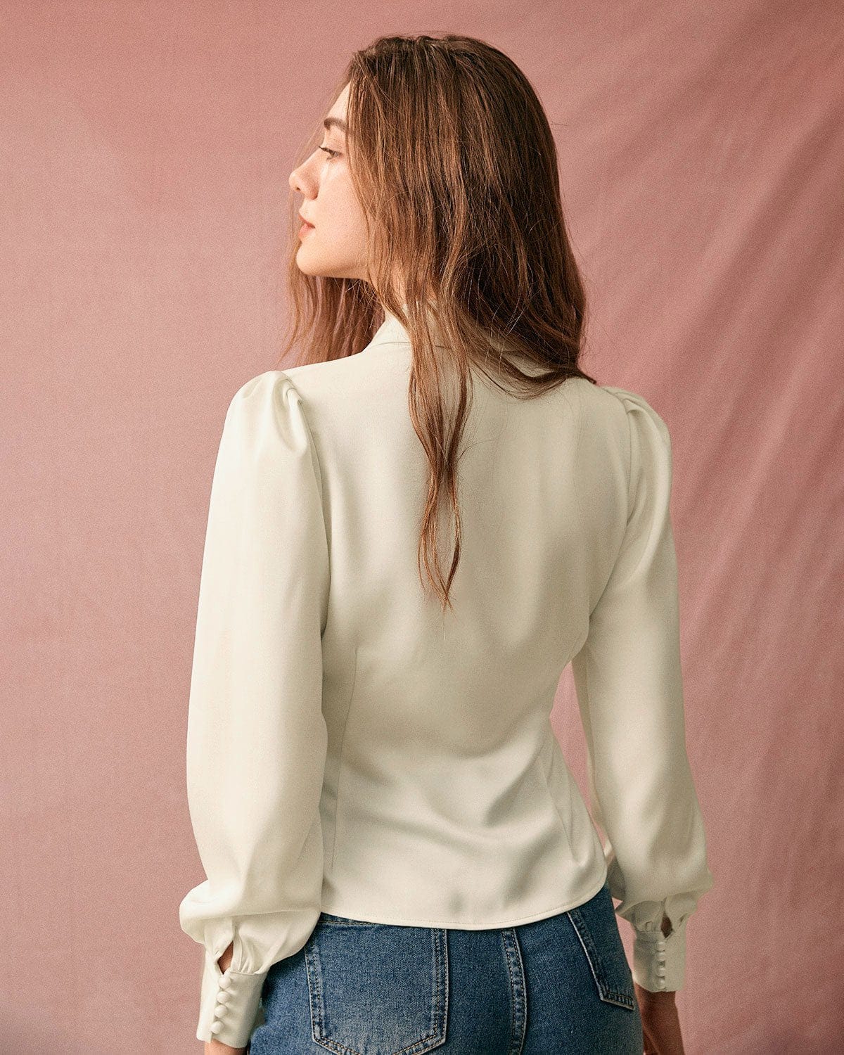 Elegant Satin Blouse with Solid Collar and Puff Sleeves