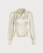 Elegant Satin Blouse with Solid Collar and Puff Sleeves