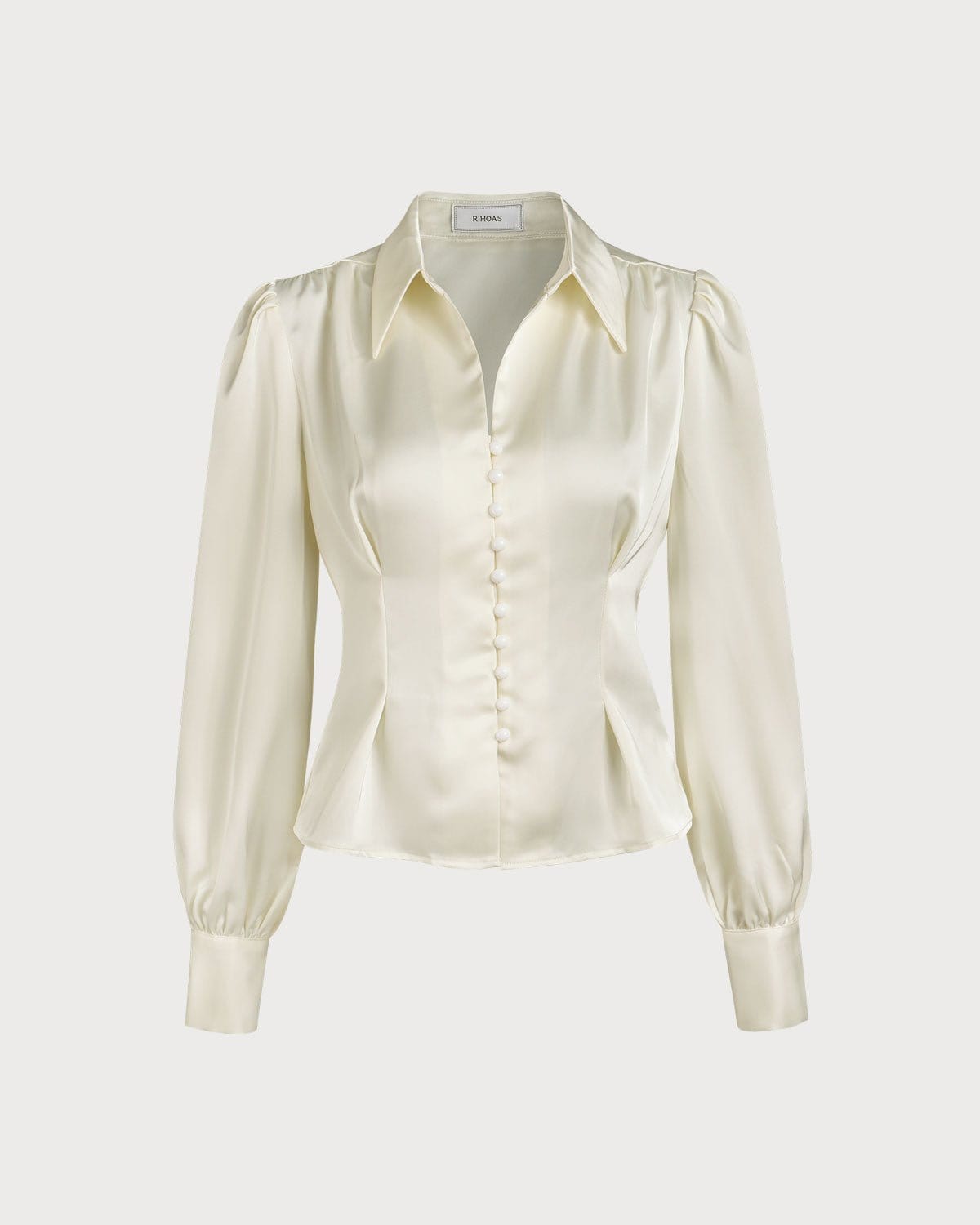 Elegant Satin Blouse with Solid Collar and Puff Sleeves