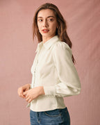 Elegant Satin Blouse with Solid Collar and Puff Sleeves