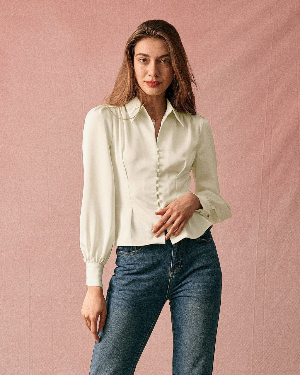 Elegant Satin Blouse with Solid Collar and Puff Sleeves