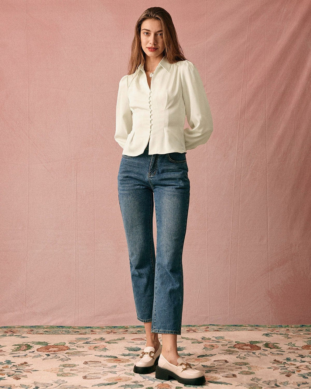 Elegant Satin Blouse with Solid Collar and Puff Sleeves