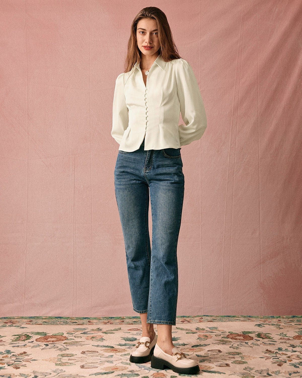 Elegant Satin Blouse with Solid Collar and Puff Sleeves