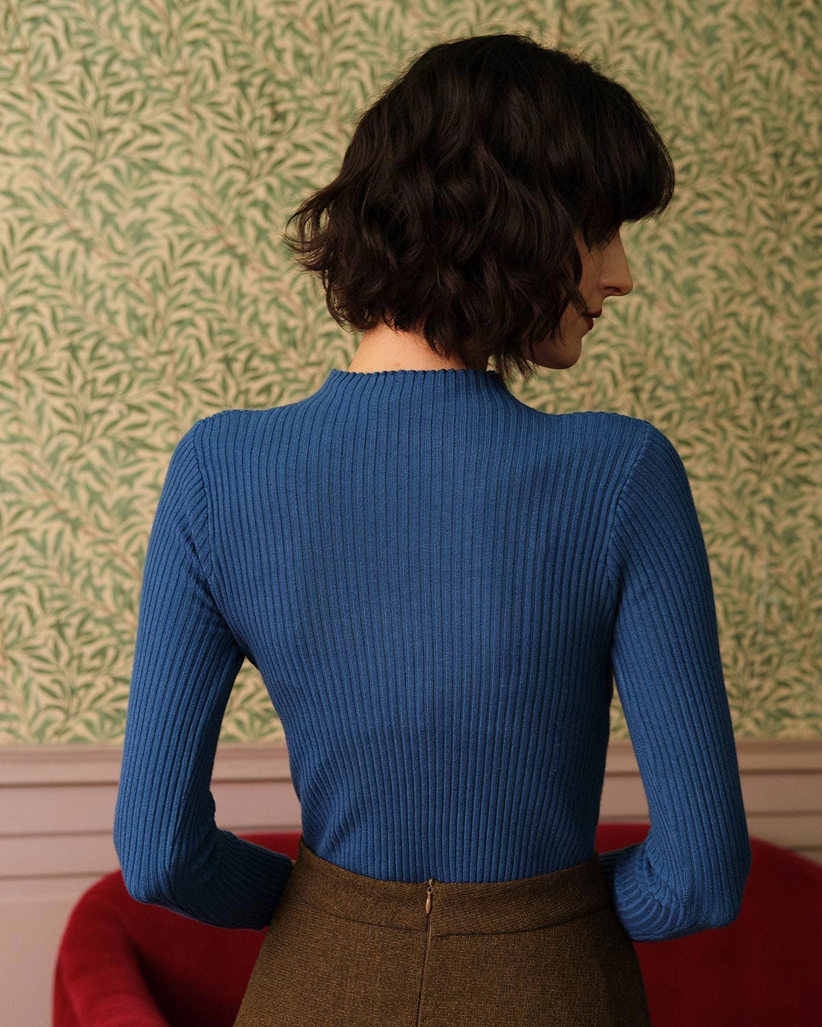 Ribbed Knit Top with Solid Mock Neck