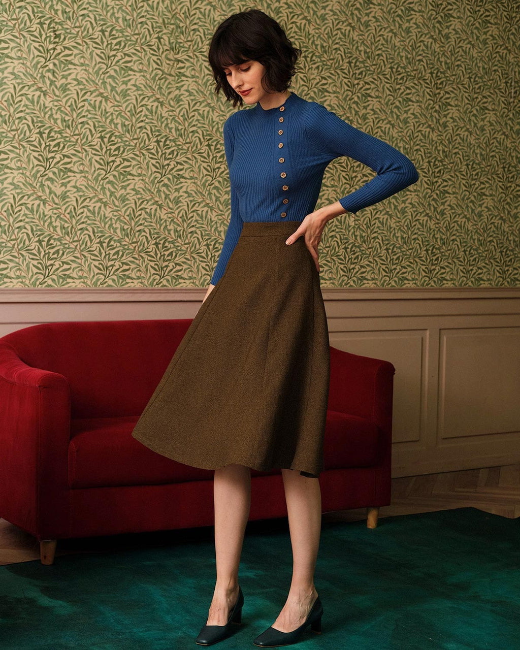 Ribbed Knit Top with Solid Mock Neck