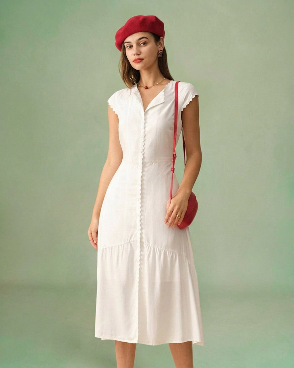 Classic Solid Color Midi Dress with Lapel