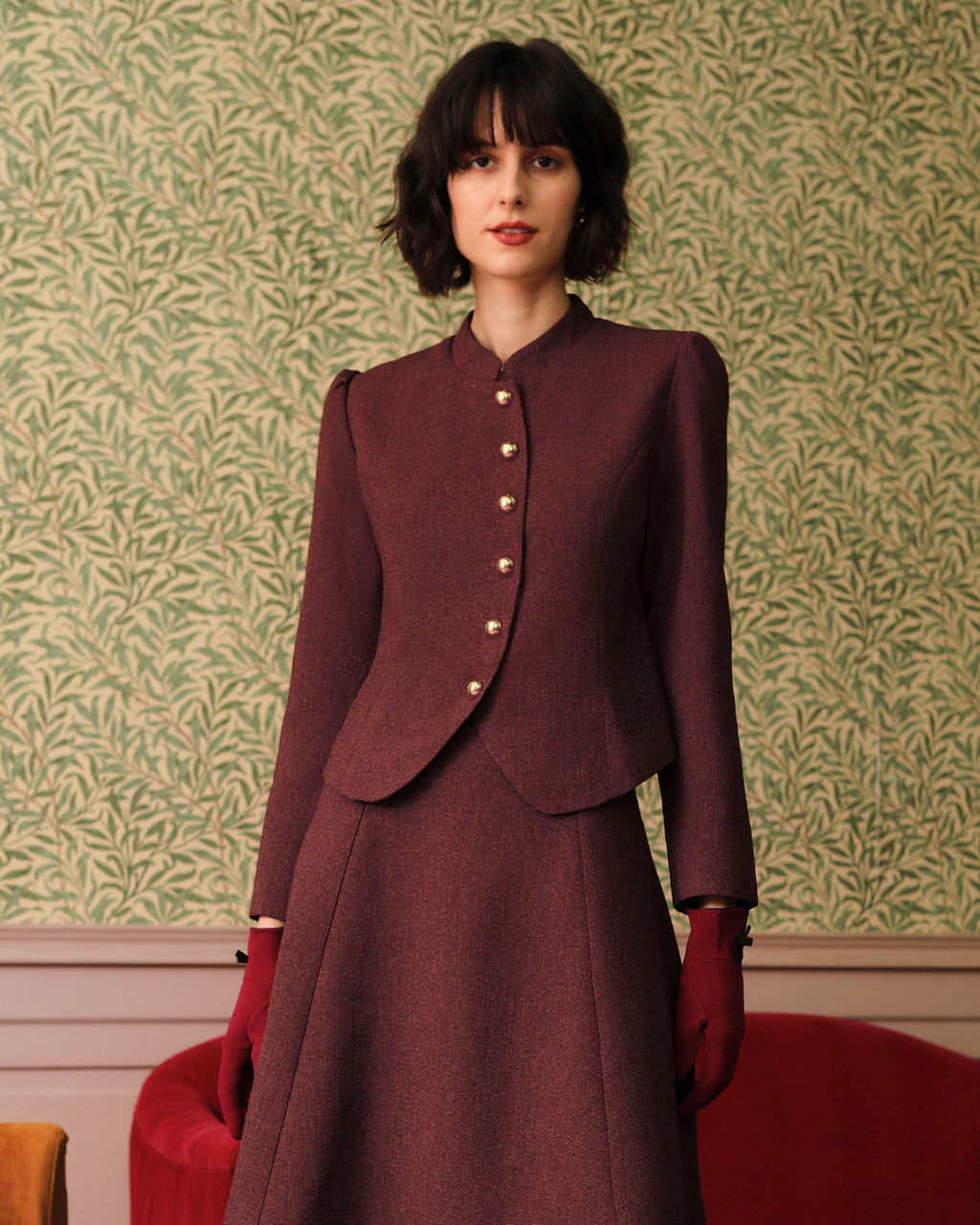 Burgundy Vintage-Inspired Single-Breasted Tweed Blazer