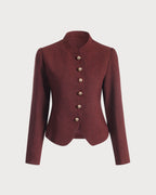 Burgundy Vintage-Inspired Single-Breasted Tweed Blazer