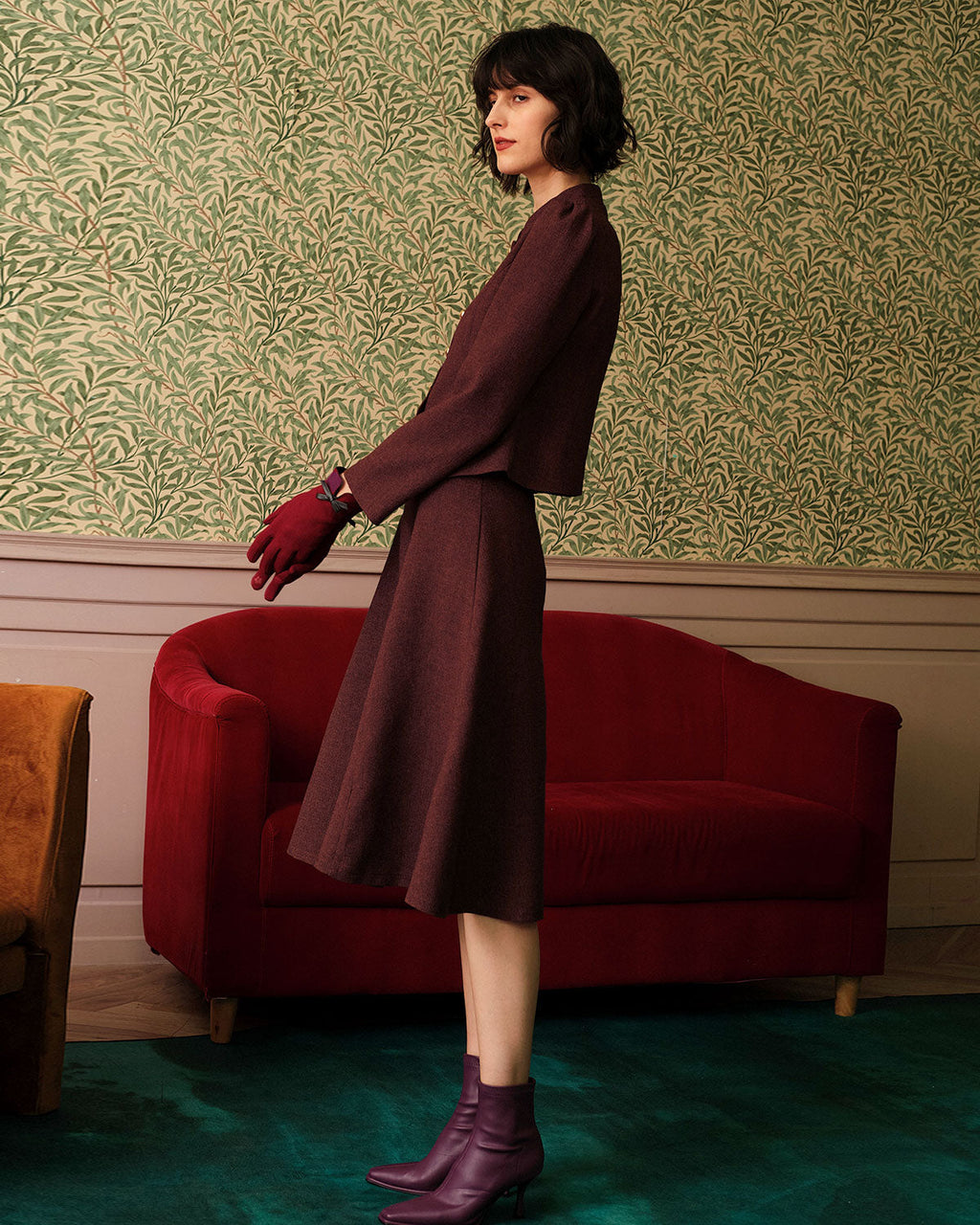 Burgundy High-Waisted Tweed Skirt