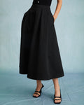 Black Pleated Midi Skirt with High Waist