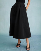 Black Pleated Midi Skirt with High Waist