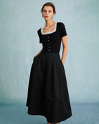 Black Pleated Midi Skirt with High Waist