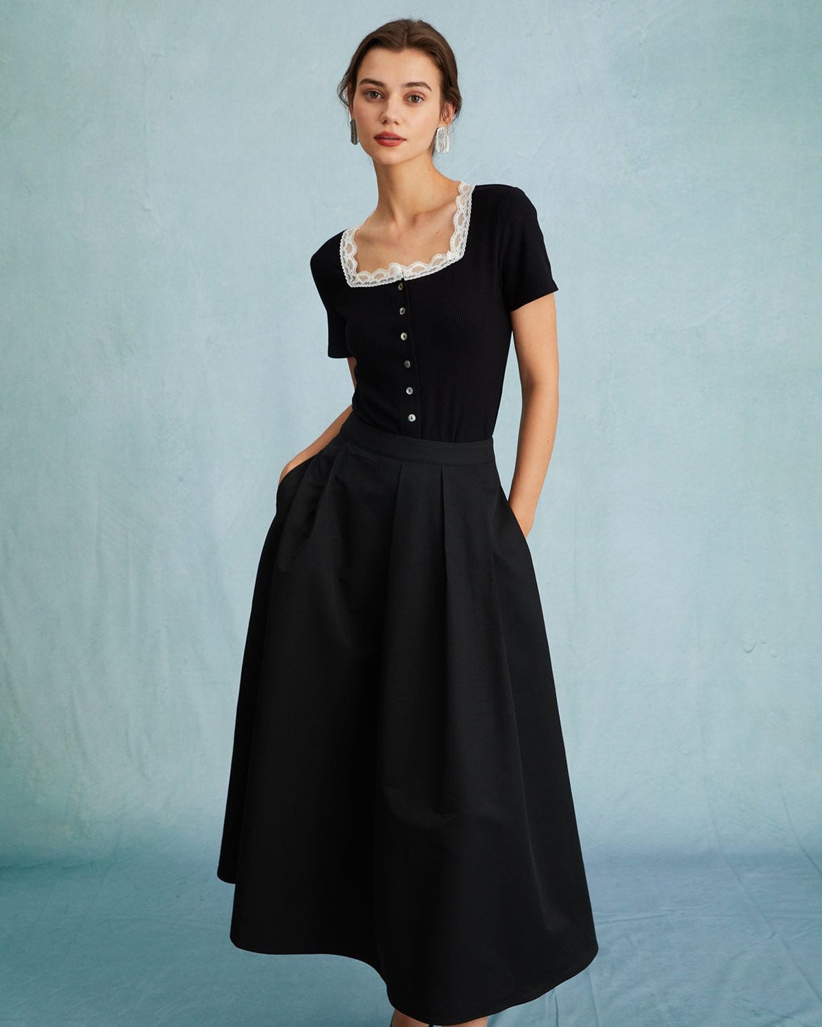 Black Pleated Midi Skirt with High Waist