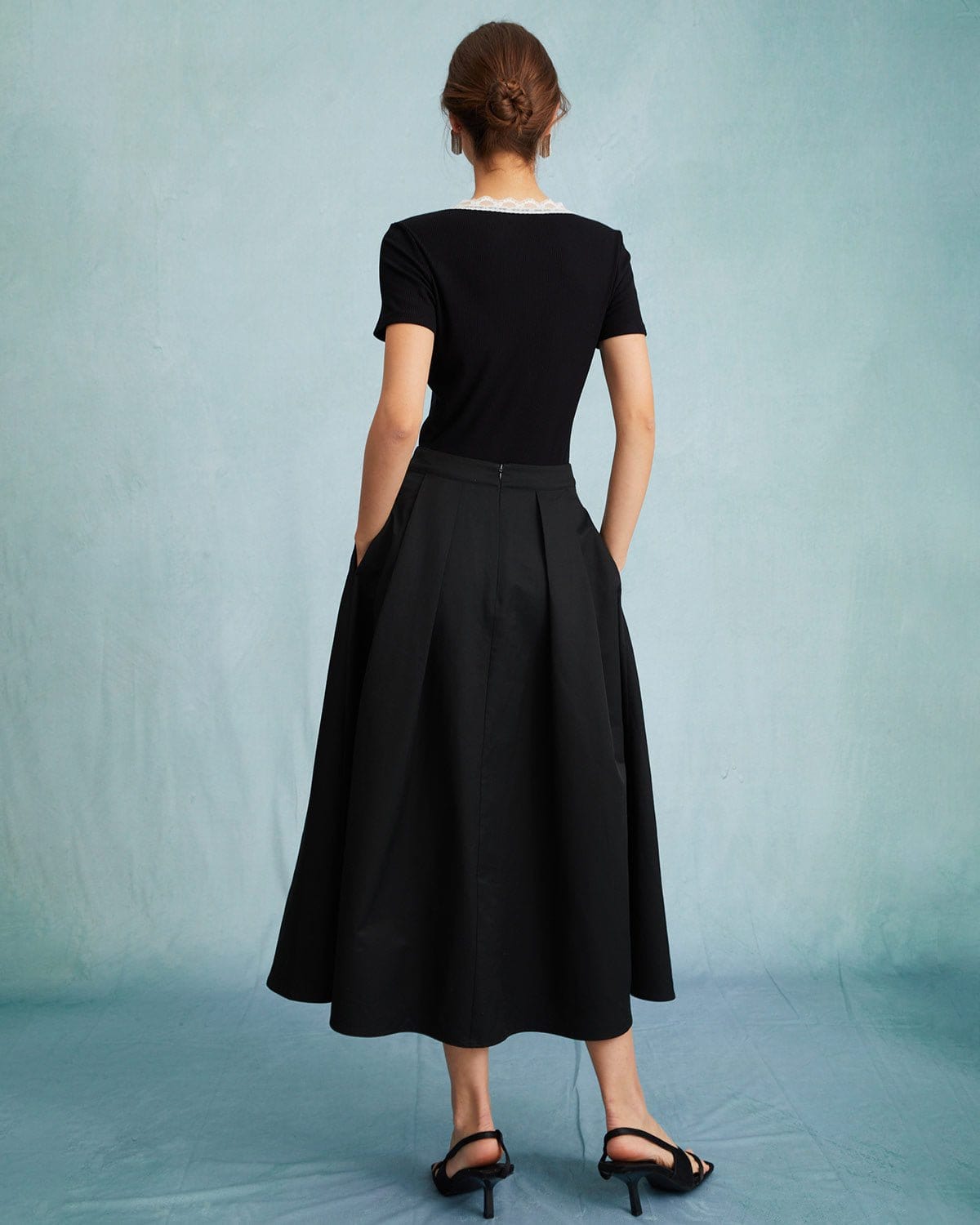 Black Pleated Midi Skirt with High Waist